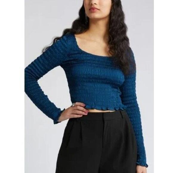 OPEN EDIT Nordstrom Womens XL Rouched Blue‎ Aurora Top Line Sleeve NEW - Picture 1 of 6